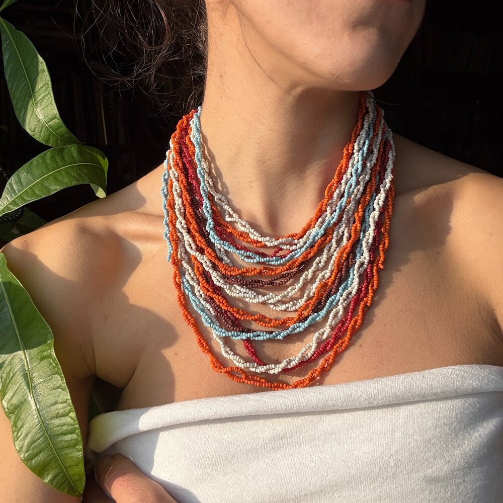 Stunning 1970s Artisan Multi-Strand Seed Bead Necklace